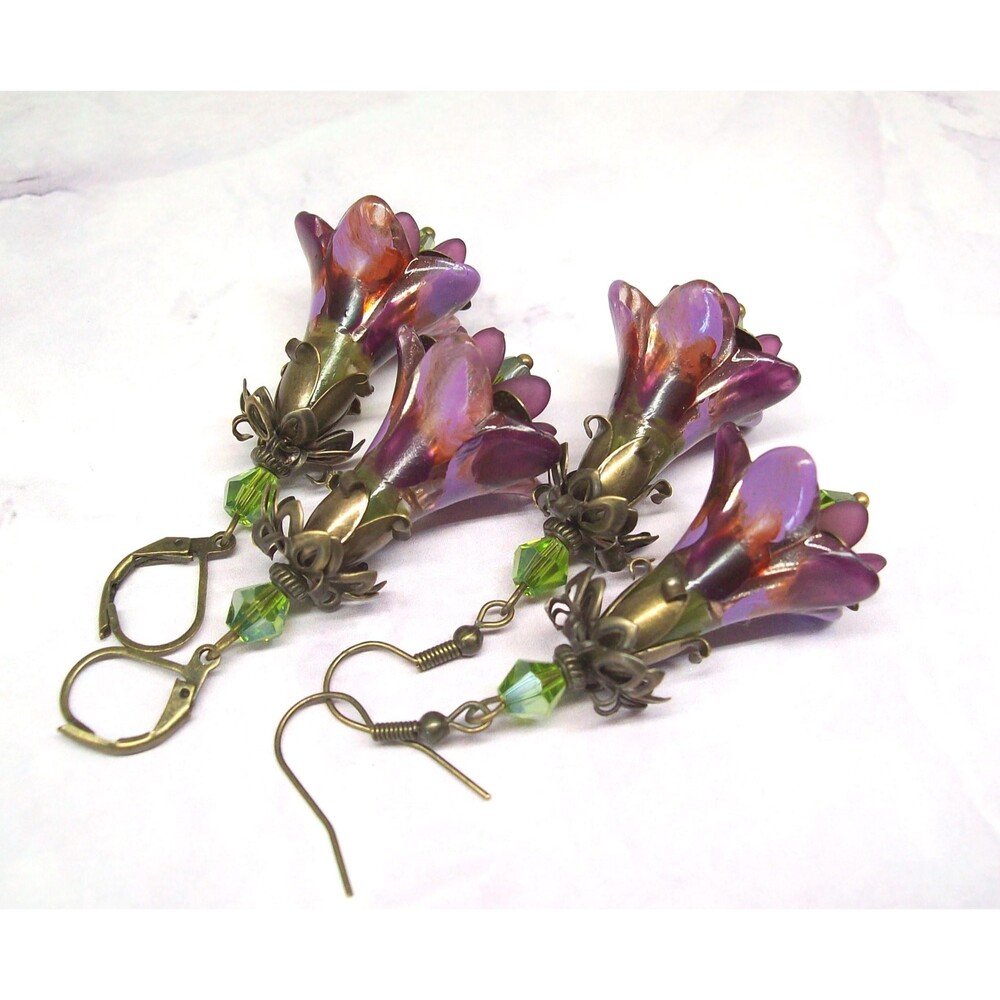 Boho Earrings Dangle, Vintage Style Purple & Burgundy Flower Earrings, Gift for